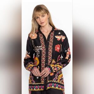 Johnny Was Black Multicolor Floral Button-Down Shirt